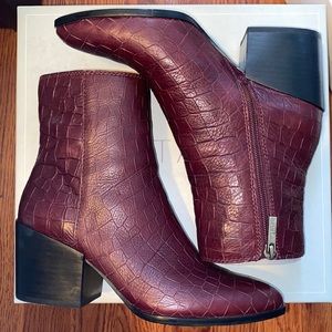 1. State Burgundy block heeled boots.